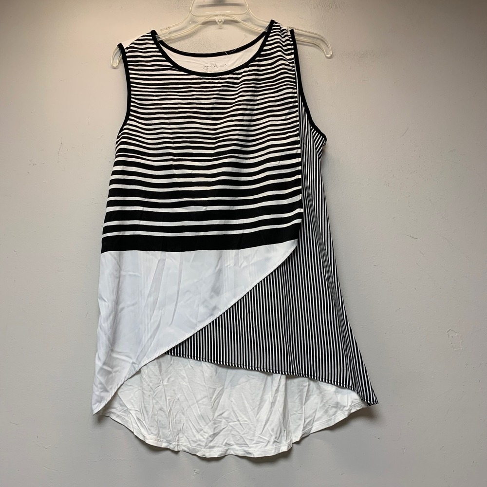 Chico's Sleeveless Tunic Women 1 M Black White Excellent Striped Asymmetrical
